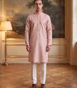 Mens peach linen geometric embroidered kurta with trouser
