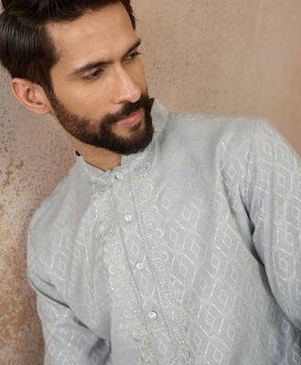 Mens blue linen self design embroidered kurta with trouser 2