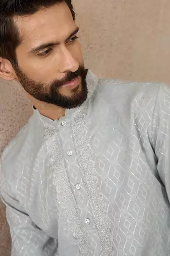 Mens blue linen self design embroidered kurta with trouser