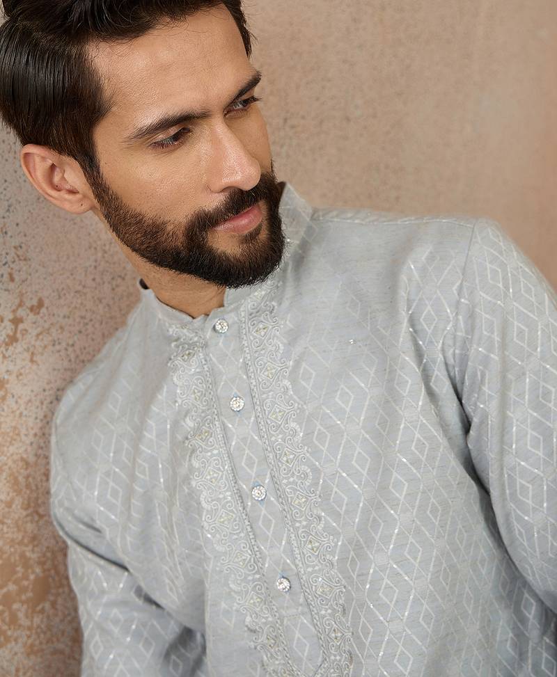 Mens blue linen self design embroidered kurta with trouser