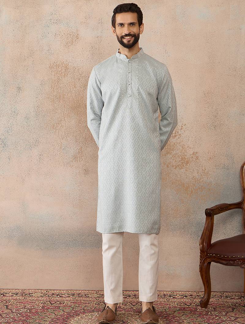 Mens blue linen self design embroidered kurta with trouser