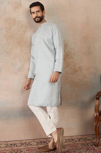 Mens blue linen self design embroidered kurta with trouser