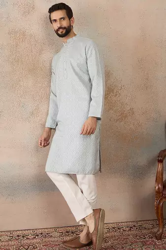 Mens blue linen self design embroidered kurta with trouser