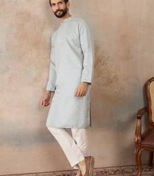 Mens blue linen self design embroidered kurta with trouser