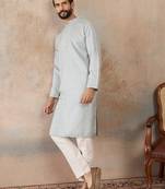 Mens blue linen self design embroidered kurta with trouser