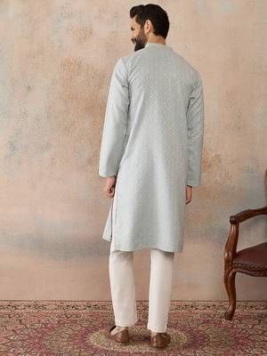Mens blue linen self design embroidered kurta with trouser 4