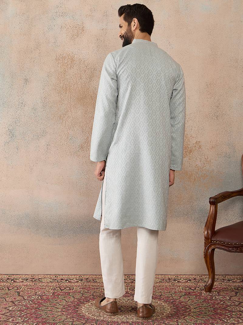 Mens blue linen self design embroidered kurta with trouser