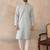 Mens blue linen self design embroidered kurta with trouser