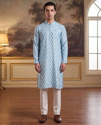 Mens blue linen ikkat print regular kurta with trouser 1