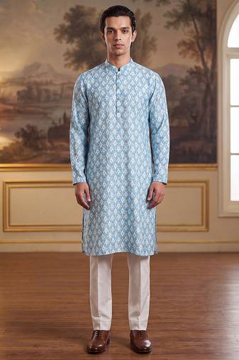 Mens blue linen ikkat print regular kurta with trouser