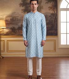 Mens blue linen ikkat print regular kurta with trouser