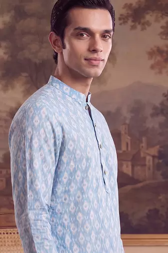 Mens blue linen ikkat print regular kurta with trouser