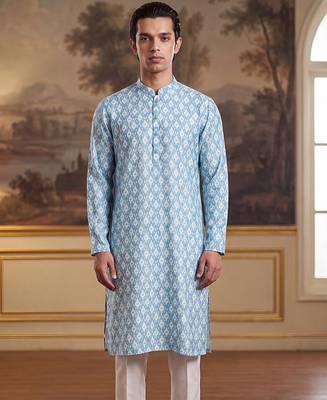 Mens blue linen ikkat print regular kurta with trouser 3