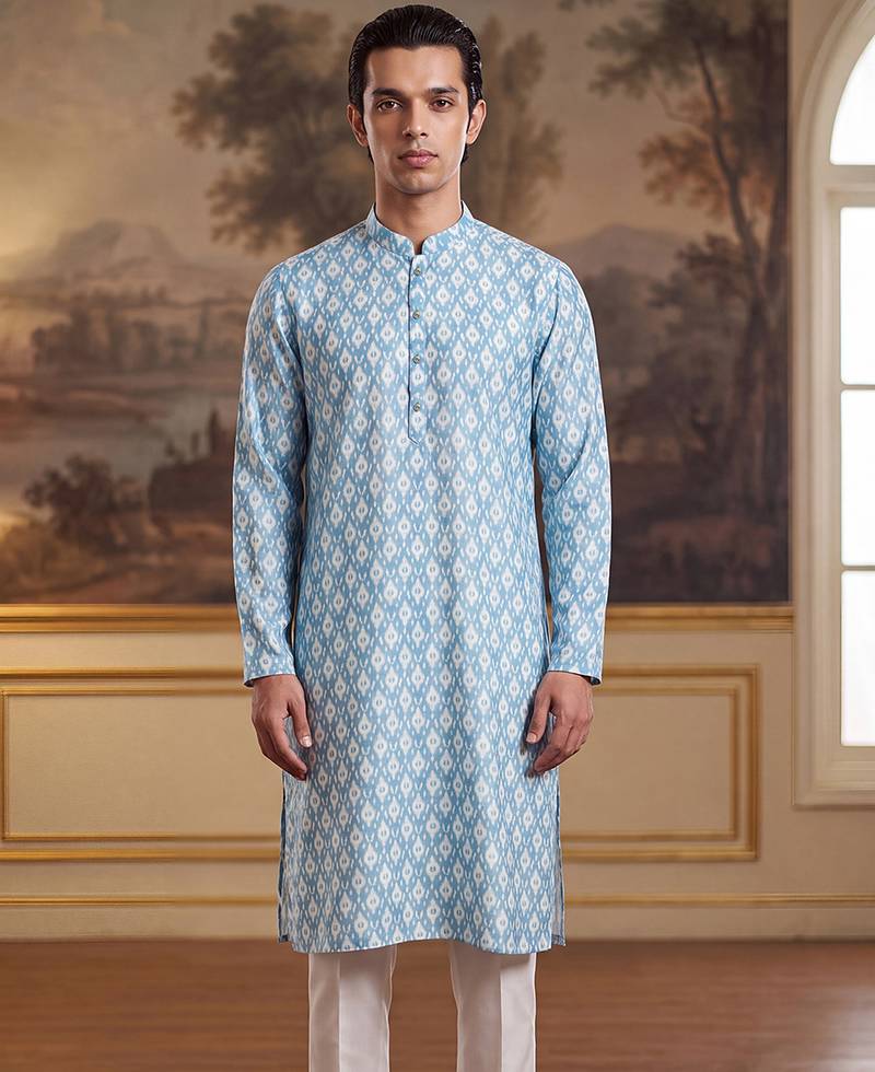 Mens blue linen ikkat print regular kurta with trouser