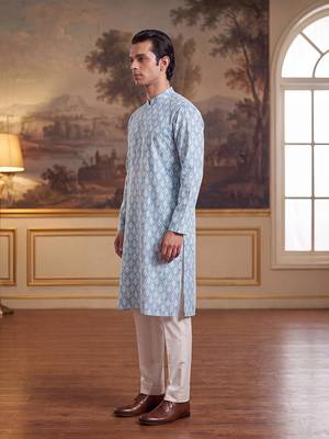 Mens blue linen ikkat print regular kurta with trouser 4