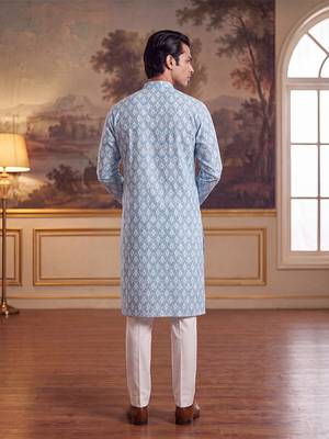 Mens blue linen ikkat print regular kurta with trouser 5