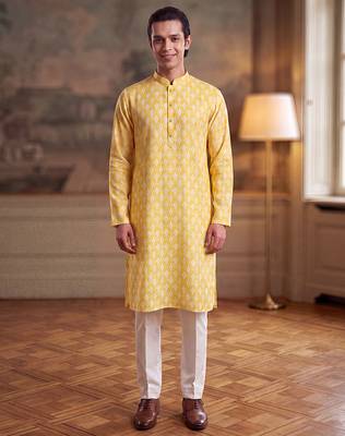 Mens yellow linen ikkat print regular kurta with trouser 1