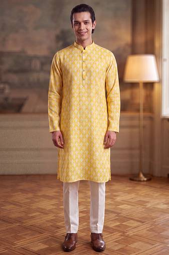 Mens yellow linen ikkat print regular kurta with trouser