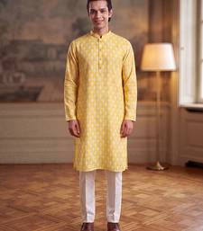 Mens yellow linen ikkat print regular kurta with trouser
