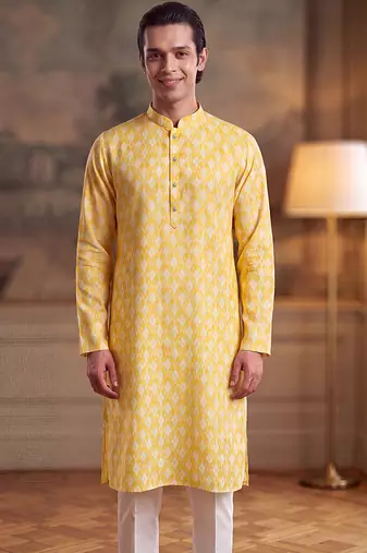 Mens yellow linen ikkat print regular kurta with trouser