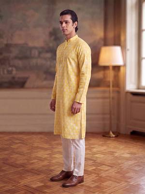 Mens yellow linen ikkat print regular kurta with trouser 3