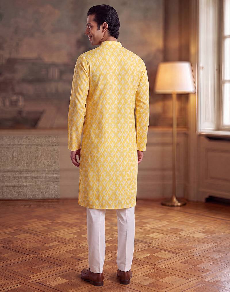 Mens yellow linen ikkat print regular kurta with trouser