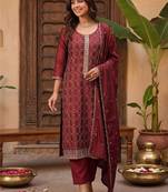 Women Ethnic Motifs Embroidered Regular Kurta with Trousers & With Dupatta
