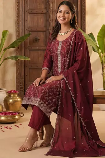 Women Ethnic Motifs Embroidered Regular Kurta with Trousers & With Dupatta