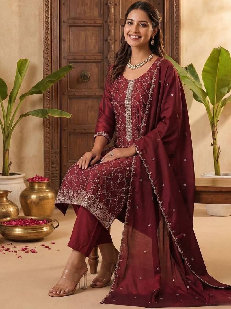 Women Ethnic Motifs Embroidered Regular Kurta with Trousers & With Dupatta