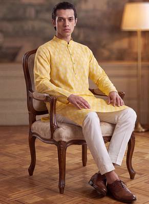 Mens yellow linen ikkat print regular kurta with trouser 5
