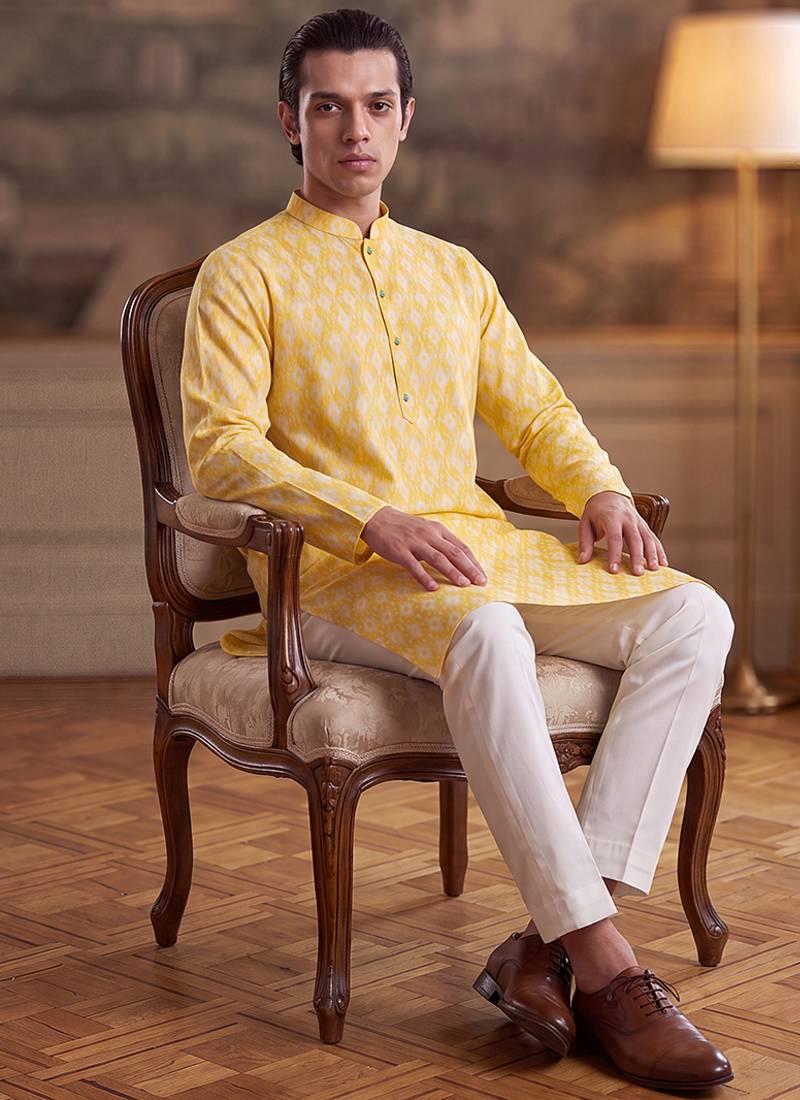 Mens yellow linen ikkat print regular kurta with trouser