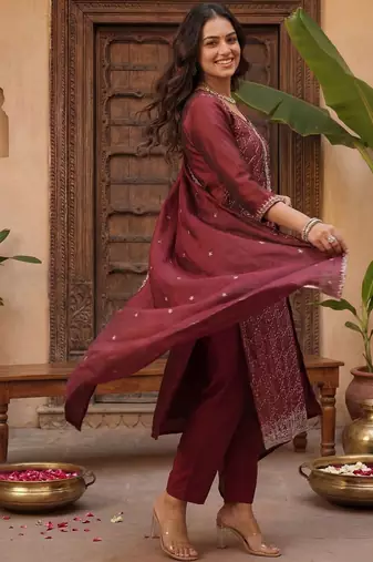 Women Ethnic Motifs Embroidered Regular Kurta with Trousers & With Dupatta