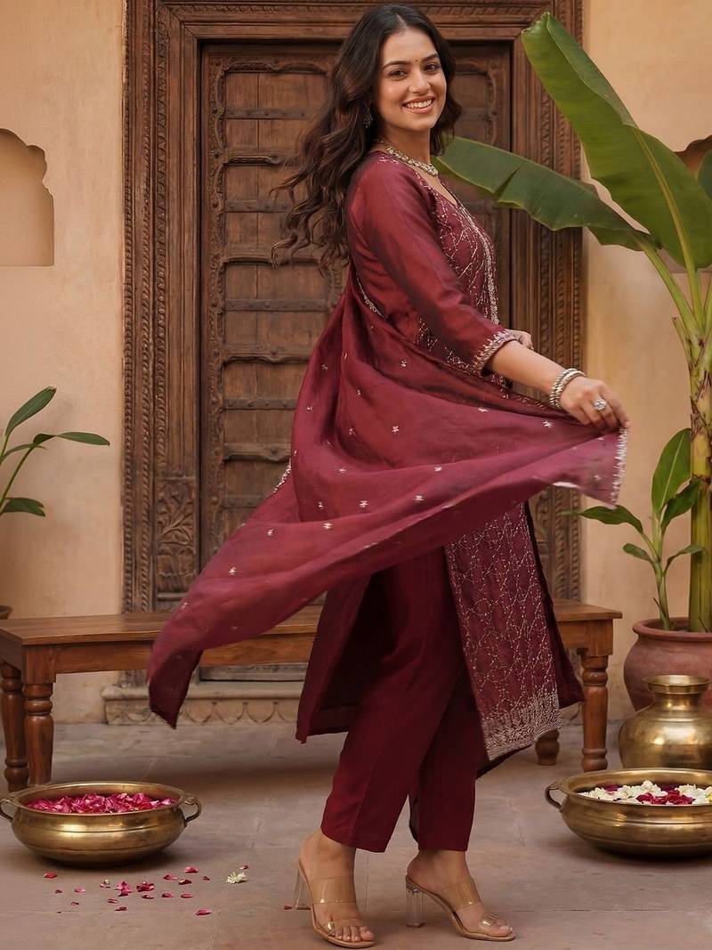 Women Ethnic Motifs Embroidered Regular Kurta with Trousers & With Dupatta