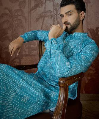Mens blue linen bandhani print regular kurta with trouser 2