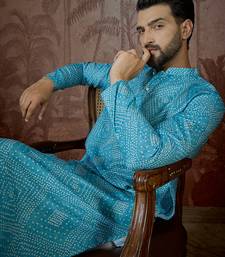 Mens blue linen bandhani print regular kurta with trouser