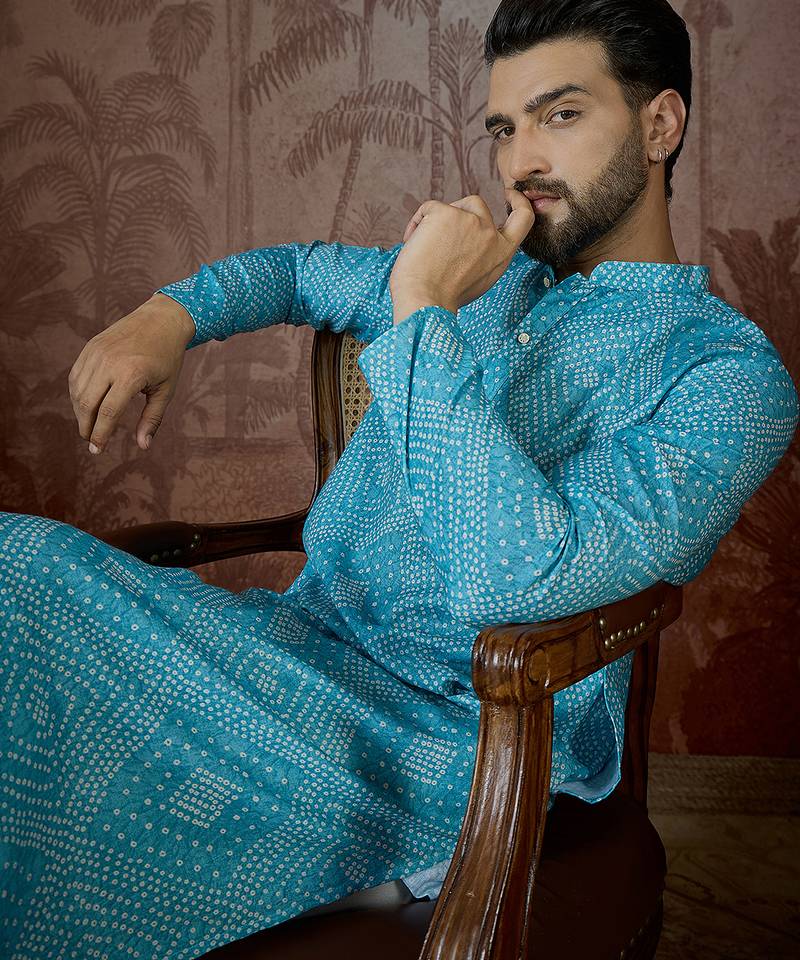 Mens blue linen bandhani print regular kurta with trouser