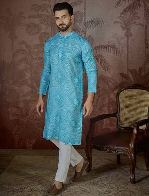 Mens blue linen bandhani print regular kurta with trouser 1