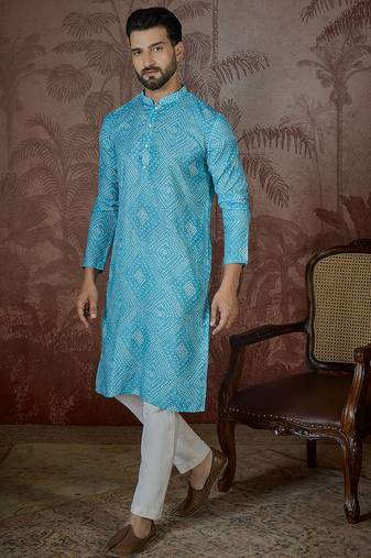 Mens blue linen bandhani print regular kurta with trouser