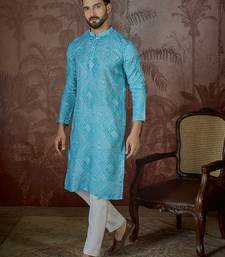 Mens blue linen bandhani print regular kurta with trouser