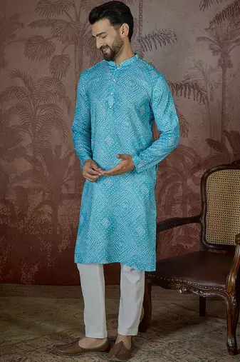 Mens blue linen bandhani print regular kurta with trouser