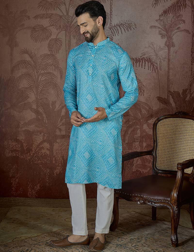 Mens blue linen bandhani print regular kurta with trouser