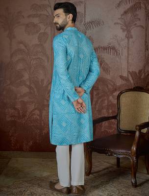 Mens blue linen bandhani print regular kurta with trouser 4