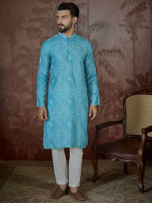Mens blue linen bandhani print regular kurta with trouser 5