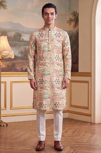 Mens cream linen geometric print regular kurta with trouser