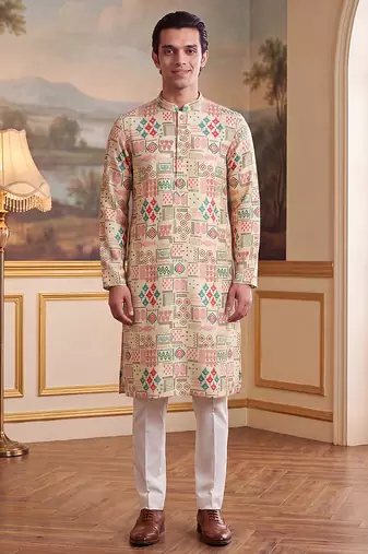 Mens cream linen geometric print regular kurta with trouser