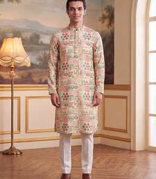 Mens cream linen geometric print regular kurta with trouser