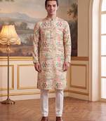 Mens cream linen geometric print regular kurta with trouser