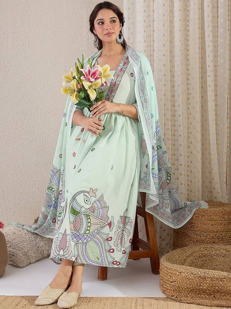 Ethnic Motifs Printed Panelled Pure Cotton Kurta with Trousers & With Dupatta