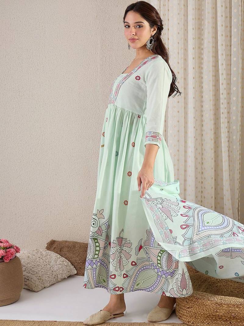 Ethnic Motifs Printed Panelled Pure Cotton Kurta with Trousers & With Dupatta