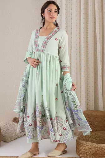 Ethnic Motifs Printed Panelled Pure Cotton Kurta with Trousers & With Dupatta